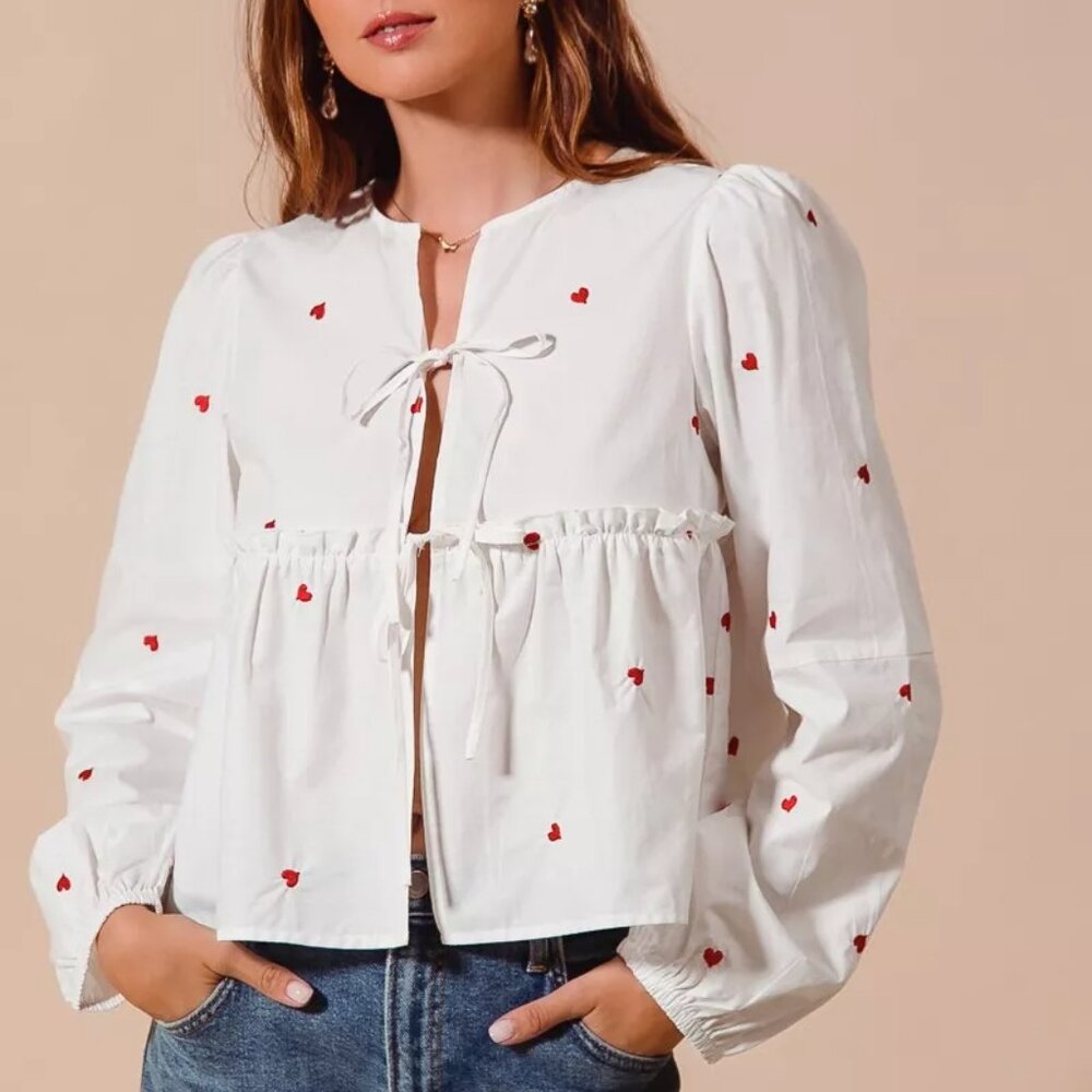 SO ME Front Tie Heart Embroidered Blouse With Puff Sleeve